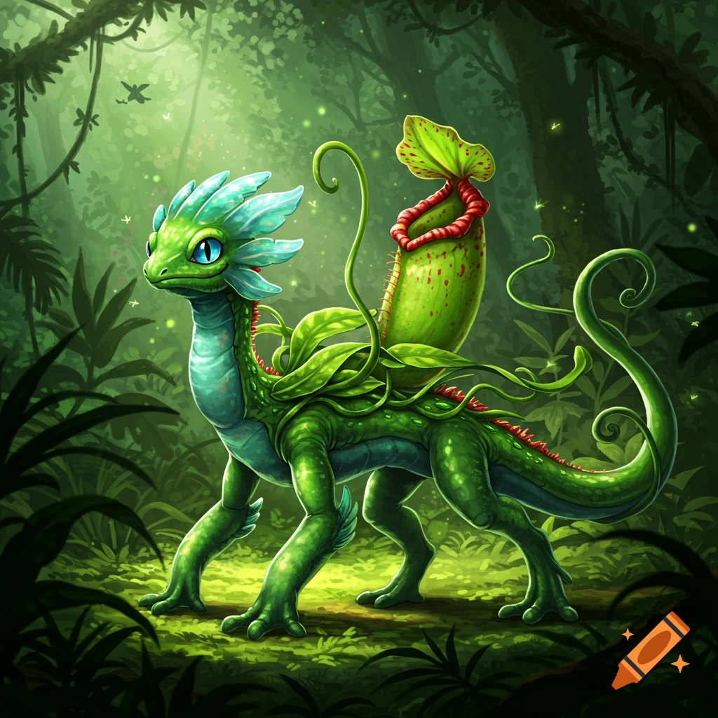 A green fantasy creature resembling a lizard with blue eyes and a pitcher plant on its back stands in a lush, luminous jungle.
