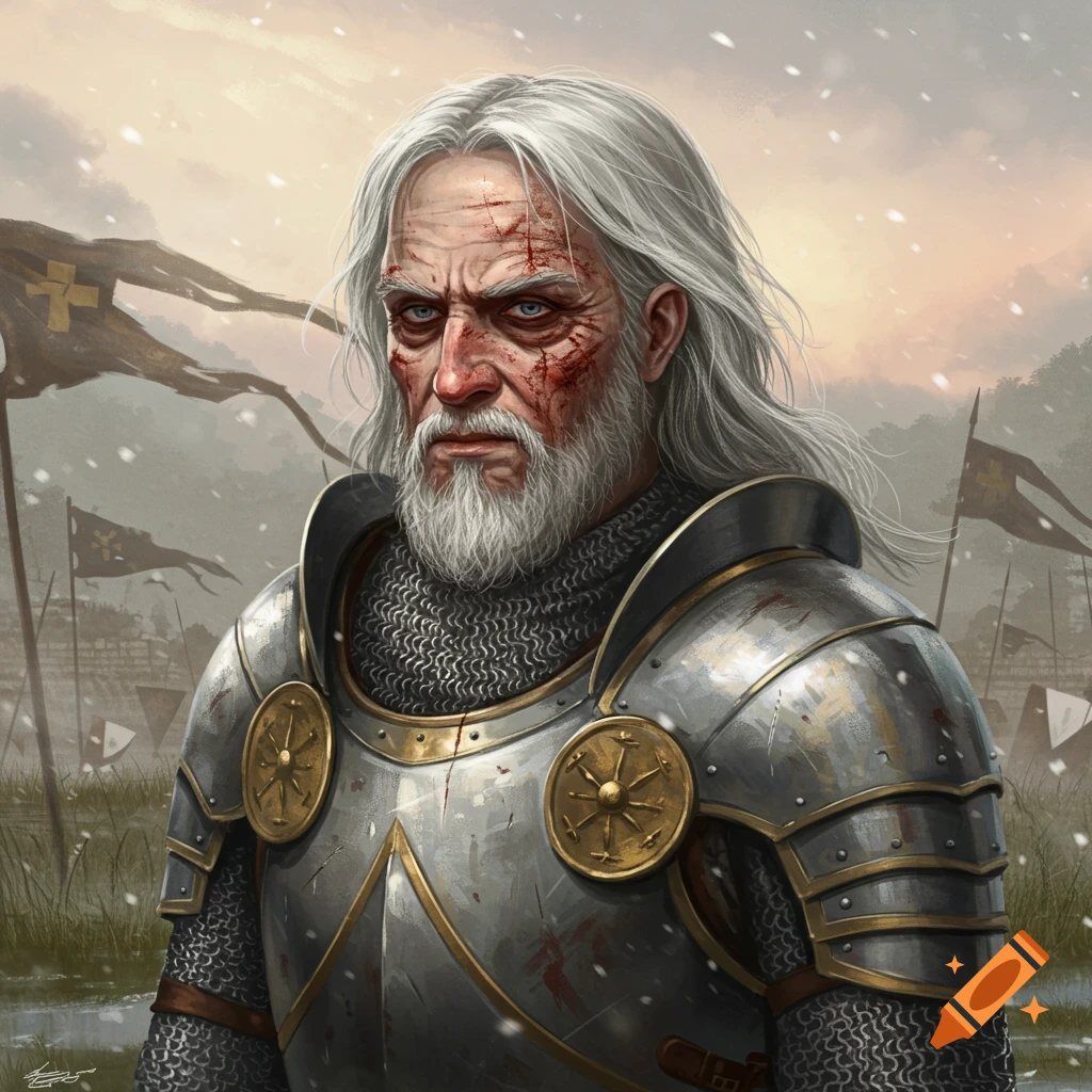 A battle-worn, white-haired knight with a beard and bloodied face, wearing ornate armor, stands in a snowy, desolate landscape with flags.