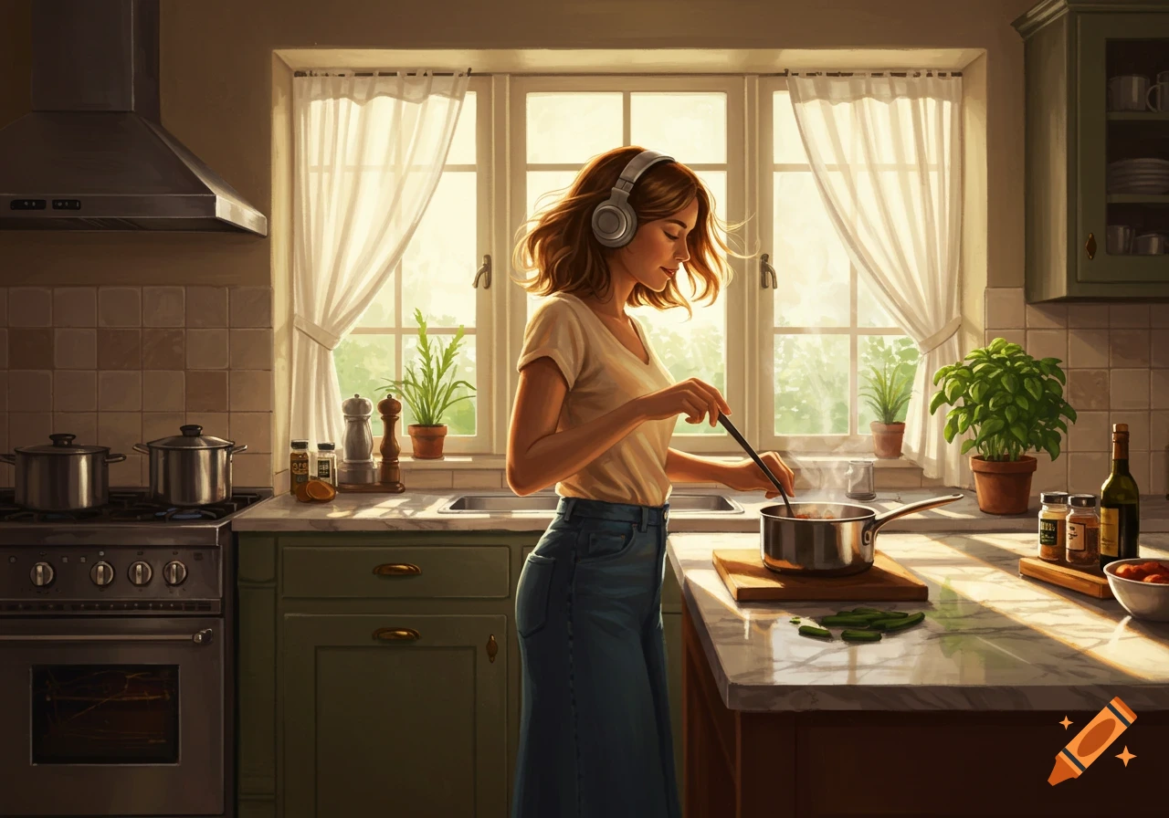 A woman with headphones cooking in a sunlit kitchen, stirring a pot on the counter.