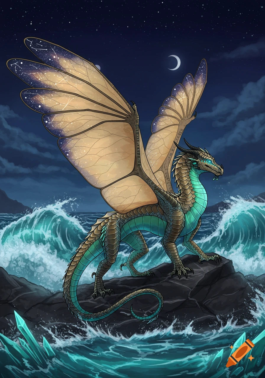 A majestic turquoise and brown fantasy dragon with starry wings stands on rocks in a turbulent ocean under a starry night sky.