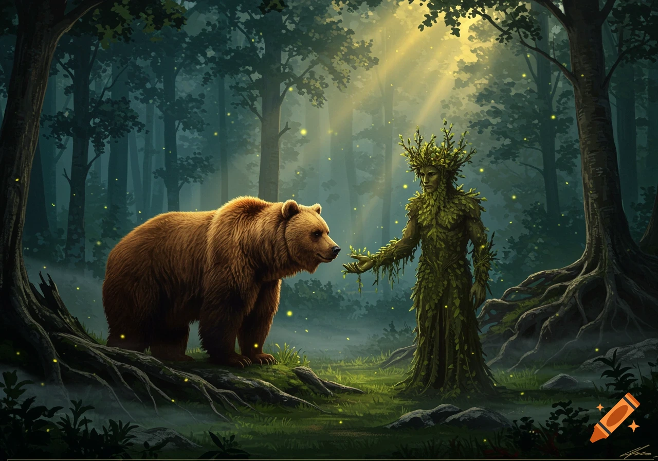 A brown bear and a mythical green man meet in a misty, sunlit forest with glowing fireflies.
