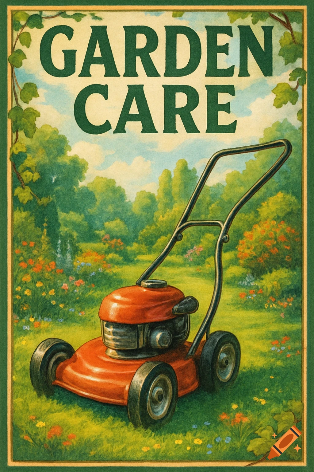 A vintage-style illustration of an orange lawnmower in a vibrant green garden with the text GARDEN CARE.
