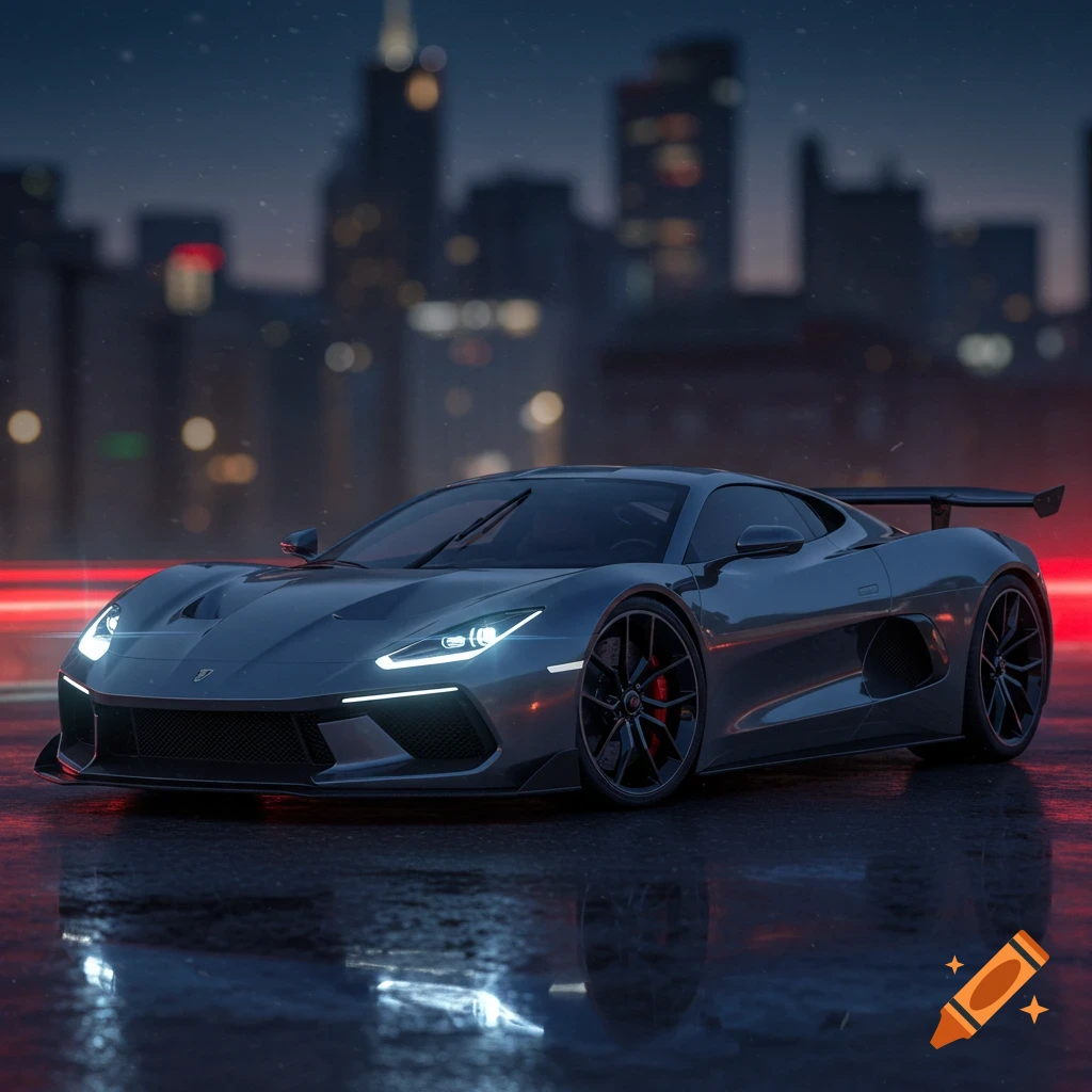 A sleek, dark grey sports car with bright headlights parked on a wet city street at night, with city lights in the background.