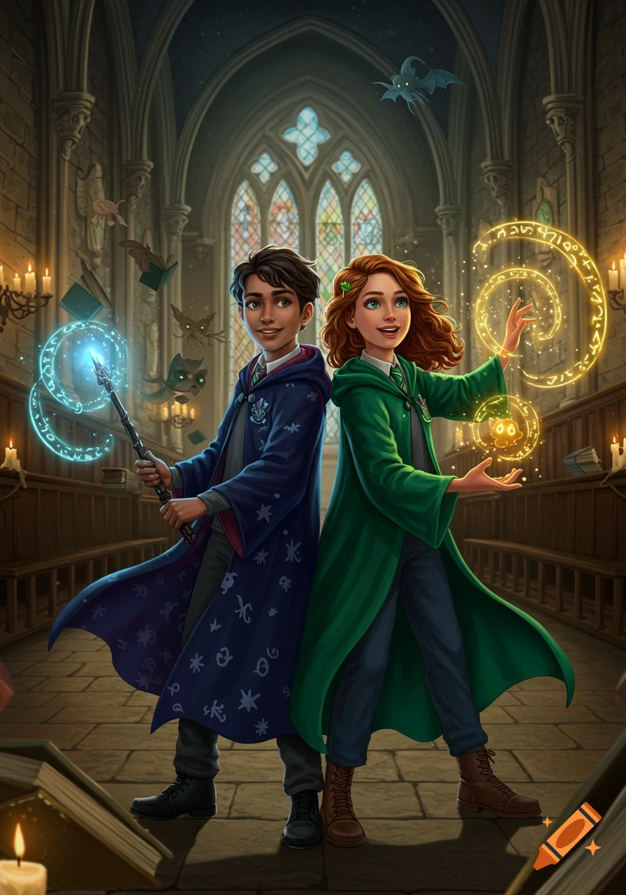 A boy and girl in wizard robes cast spells back to back in a grand school hall, surrounded by glowing magical symbols and floating creatures. Art style is detailed illustration.