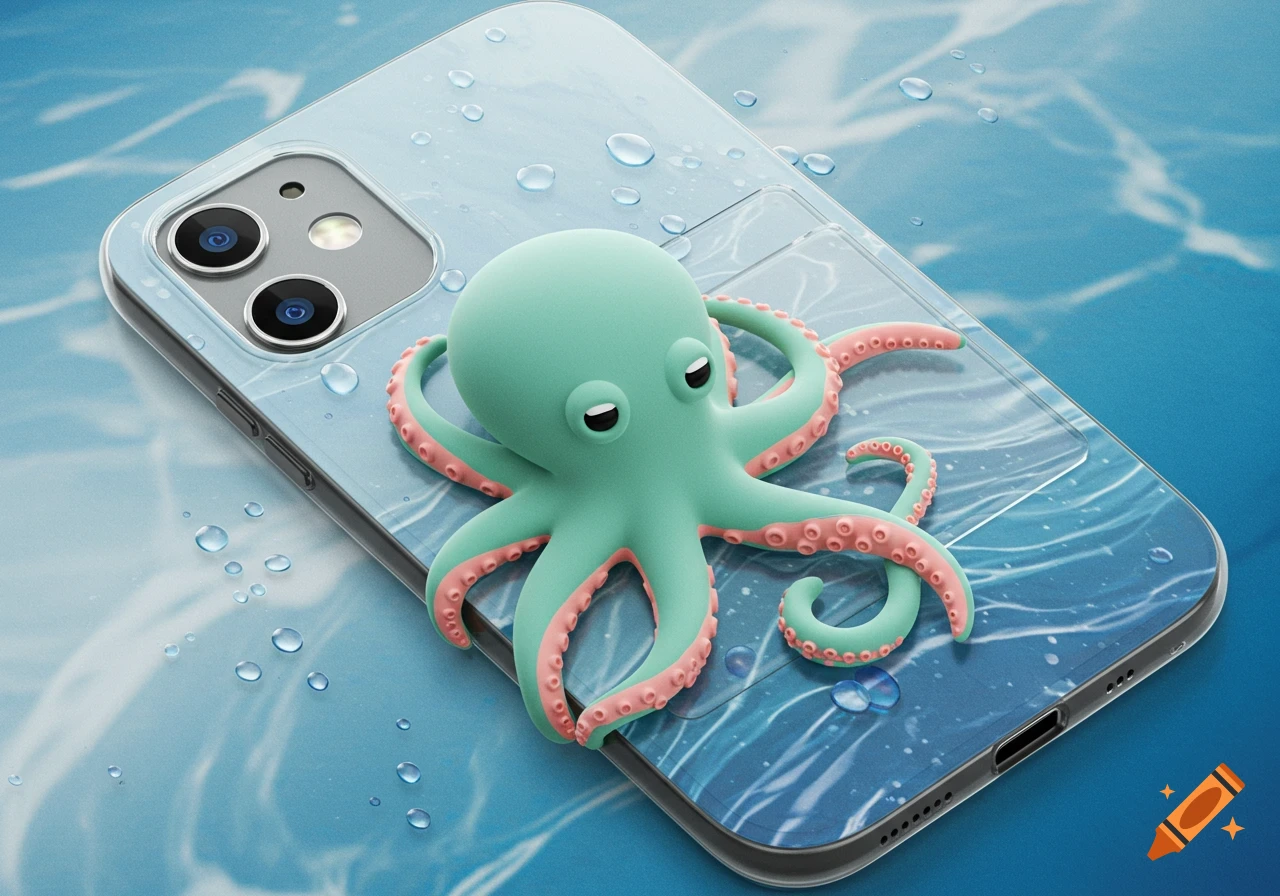 A light teal octopus on a clear smartphone case with water droplets, against a blue background.