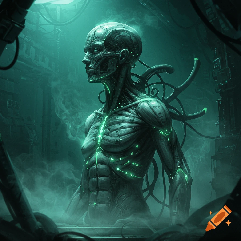 A bio-mechanical humanoid figure with glowing green accents stands in a dark, misty industrial setting, reminiscent of H.R. Giger's style.