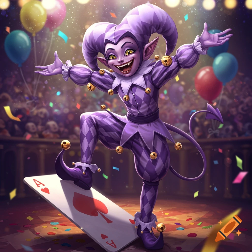 A grinning purple jester character with pointy ears and a tail stands on an ace of spades playing card amidst confetti.