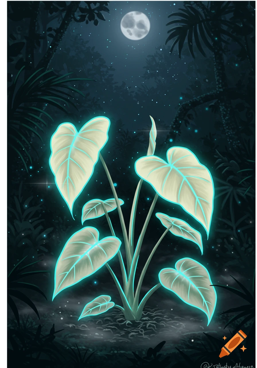 An illustration of a glowing bioluminescent philodendron plant in a dark forest under a full moon.