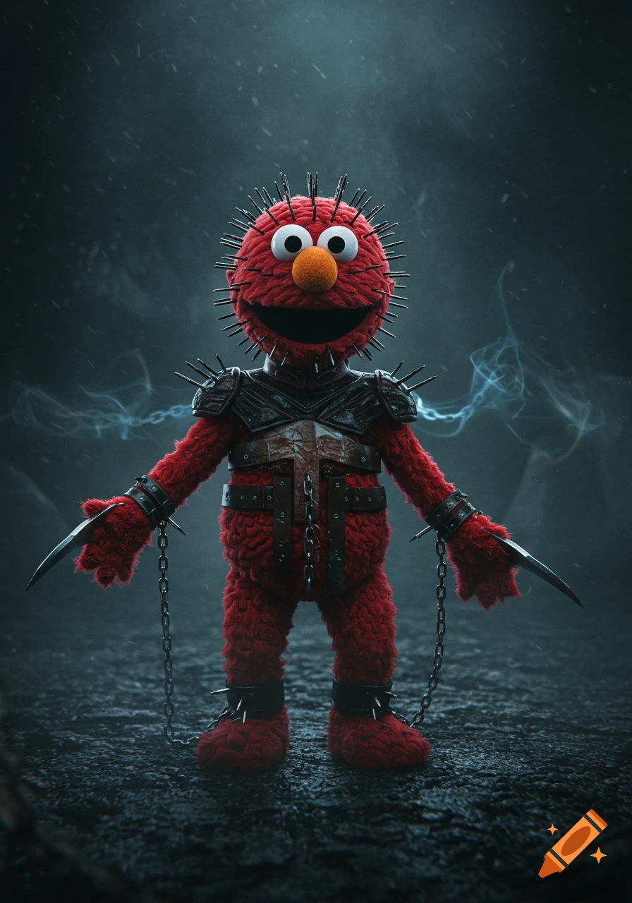 A dark fantasy image of Elmo as Pinhead, with spikes on his head, dark armor, blades on his hands, and chains.