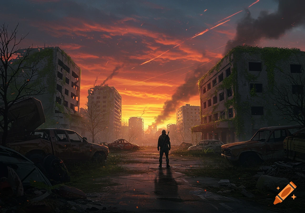 A lone figure stands on a road in a ruined city with destroyed buildings and abandoned cars under a dramatic orange and red sunset.