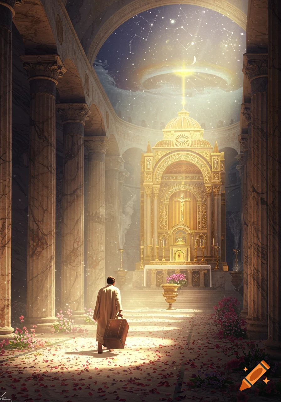 A person in a robe pulls a suitcase down a petal-strewn aisle towards a gleaming golden altar under a starry, celestial dome.