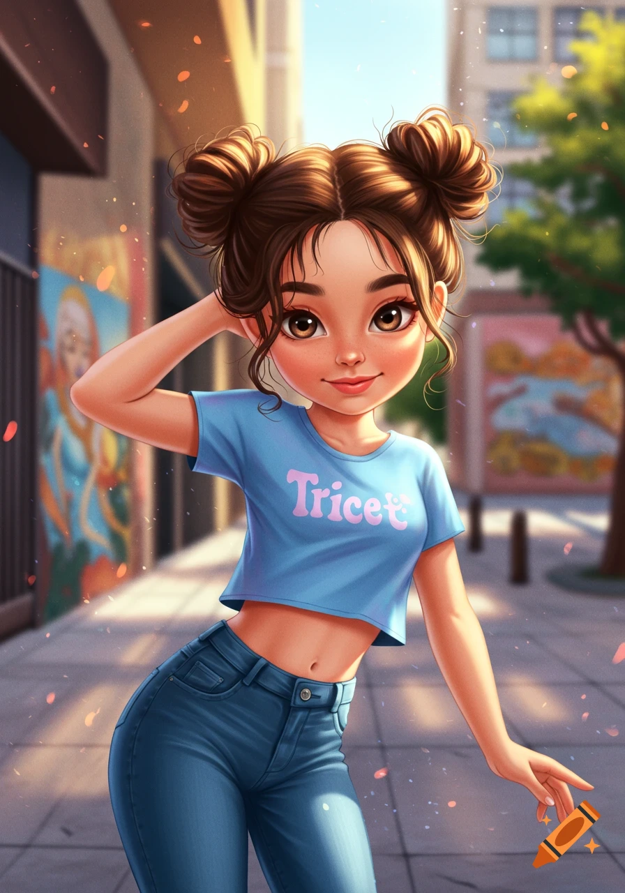 A cute, stylized cartoon girl with brown hair in two buns, wearing a blue crop top and jeans, stands on a city street.