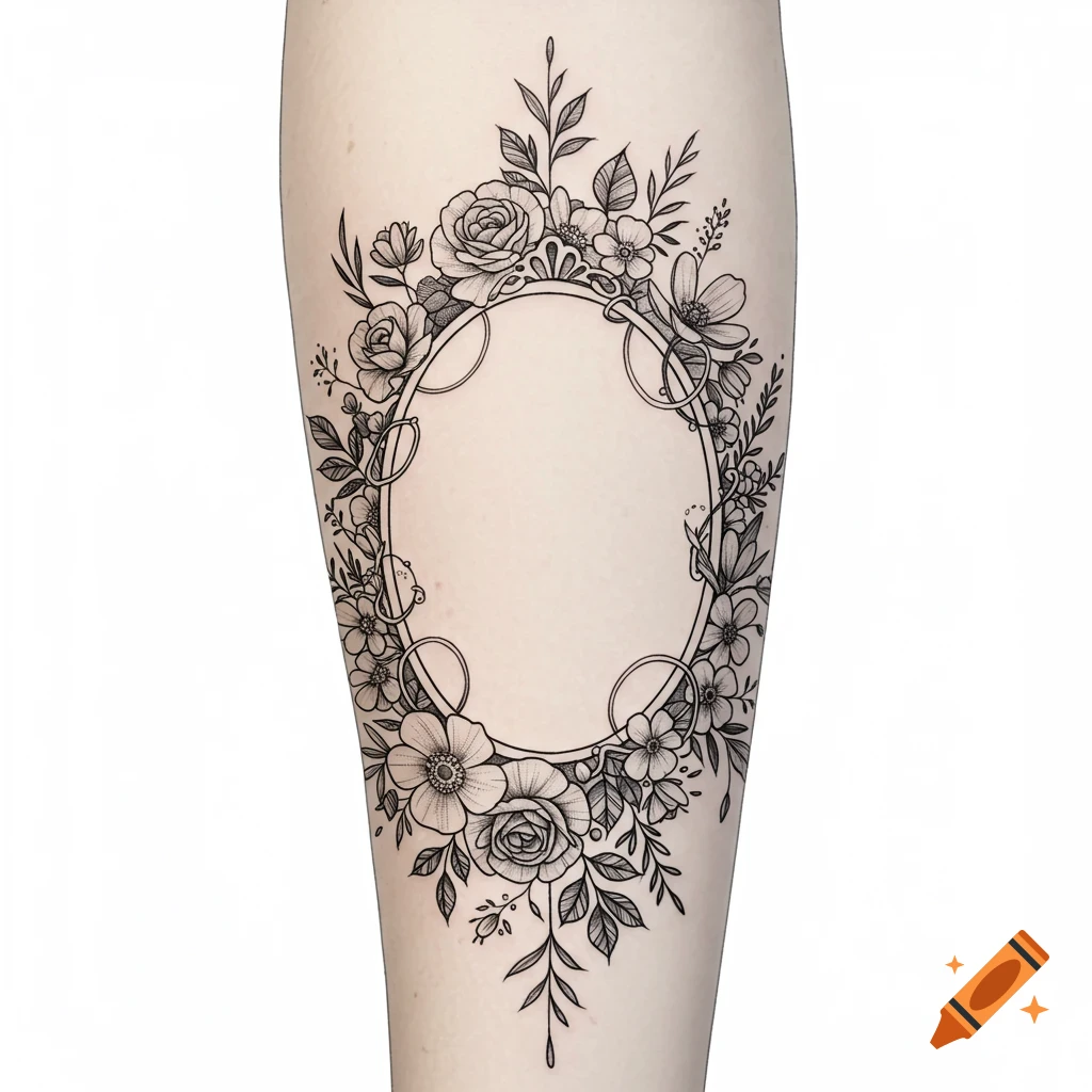 Black and grey floral tattoo on a forearm, with an elegant oval frame surrounded by roses, wildflowers, and delicate leaves.