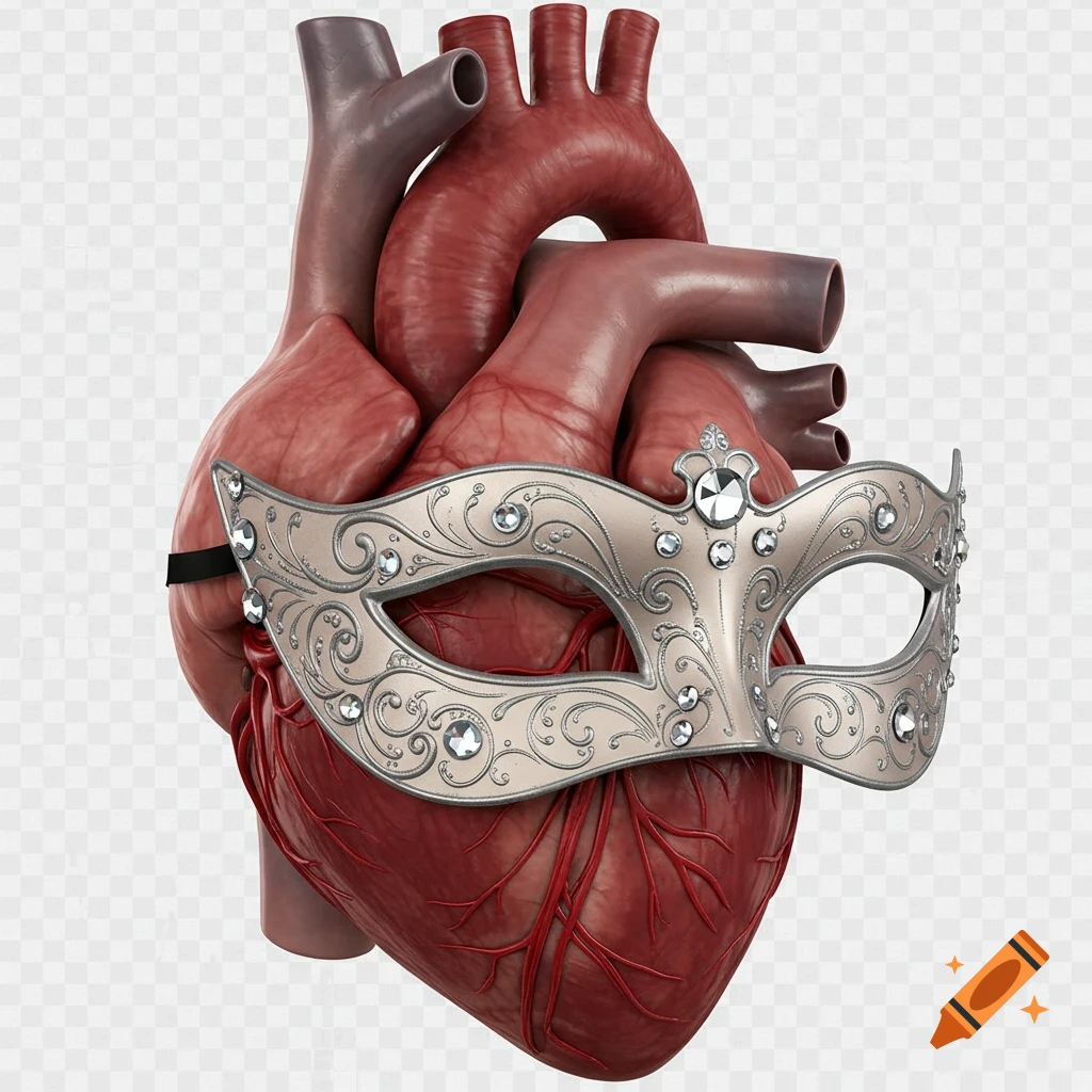 A realistic human heart wearing an ornate silver masquerade mask with jewels, on a transparent background.