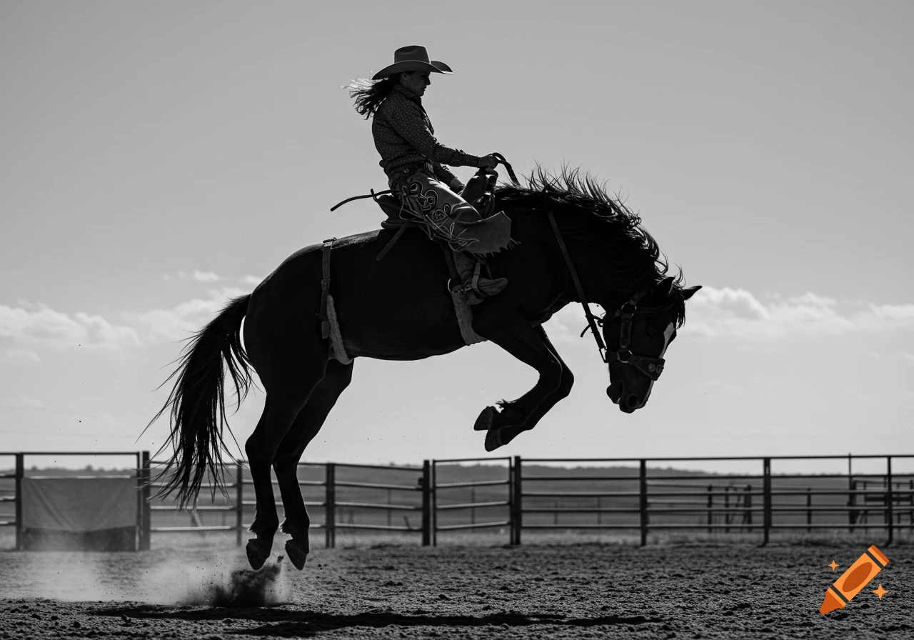 Black and white silhouette of a cowgirl riding a bucking horse in a dusty arena under a clear sky.