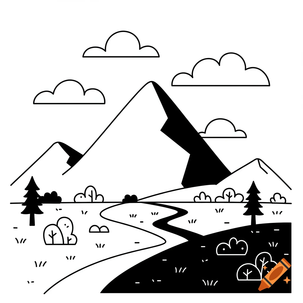 Black and white vector illustration of a mountain landscape with a winding river, trees, and clouds.