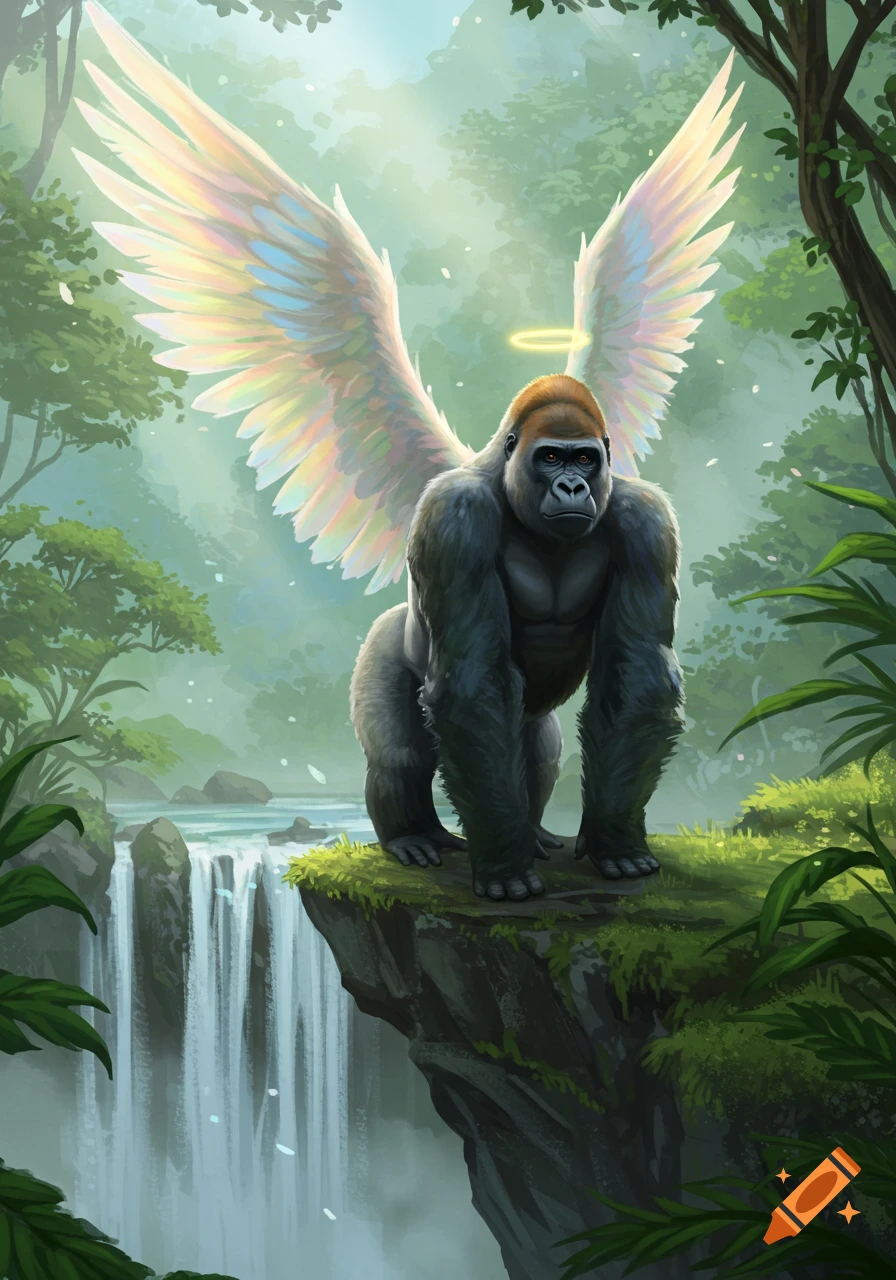 A powerful gorilla with large, iridescent angel wings stands on a cliff edge overlooking a waterfall in a lush jungle.