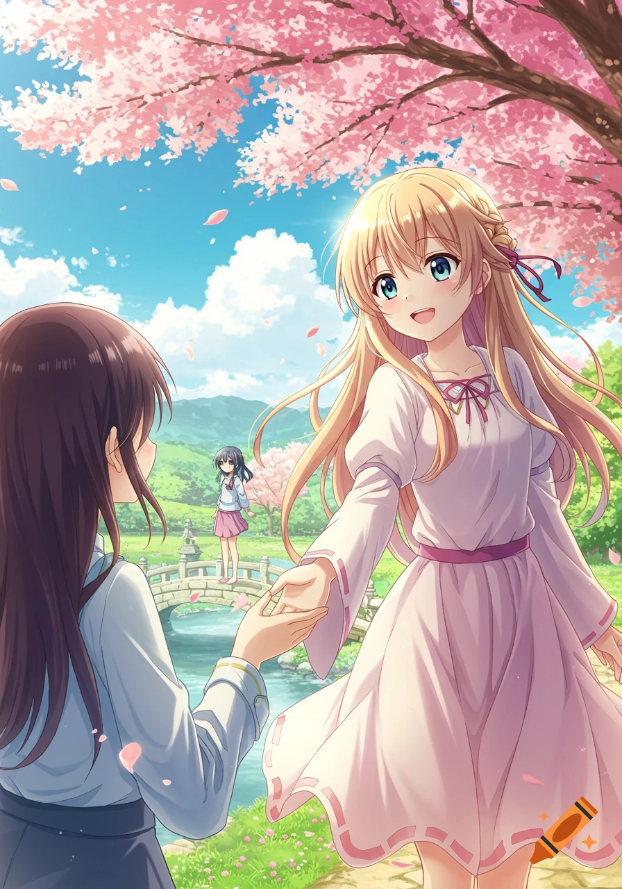 Two anime girls hold hands under a cherry blossom tree in a park, with another girl on a bridge in the background.