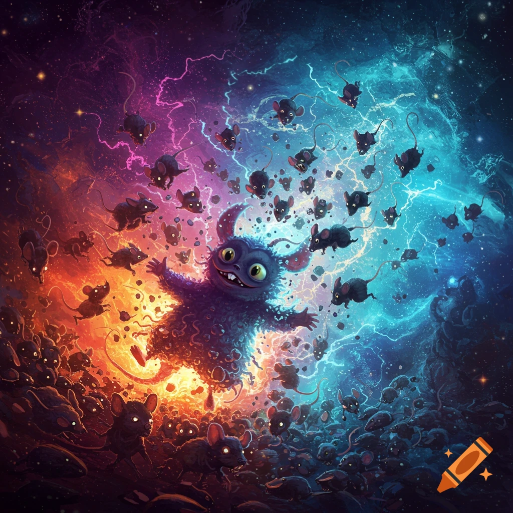 A whimsical purple monster explodes into a swarm of black rats amidst a cosmic, colorful, lightning-filled nebula.