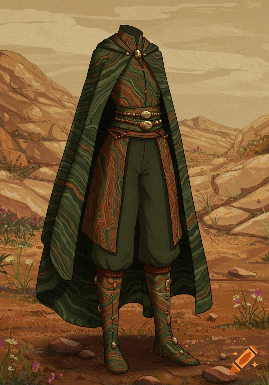 A headless fantasy outfit with green and reddish-brown swirled patterns, a cape, and boots, standing in a rocky desert landscape.