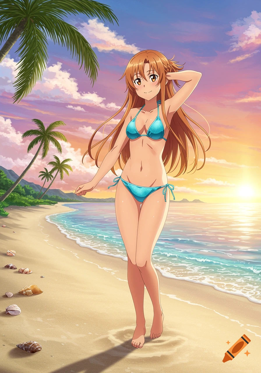 An anime character, Asuna from Sword Art Online, in a blue bikini stands on a beach at sunset, with palm trees and the ocean in the background.