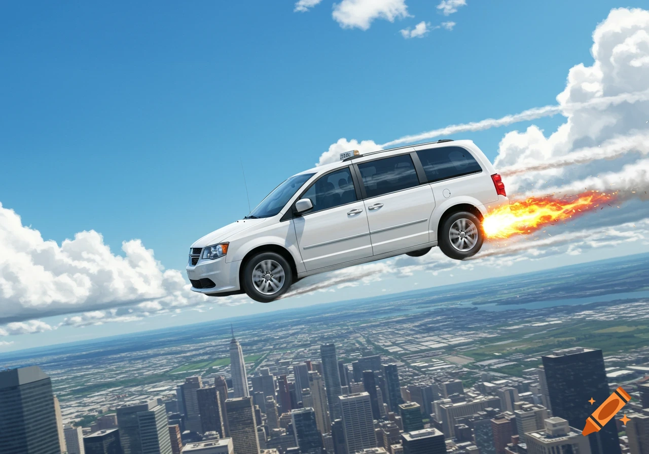 A white minivan taxi with rocket flames flies through the blue sky high above a bustling city skyline.