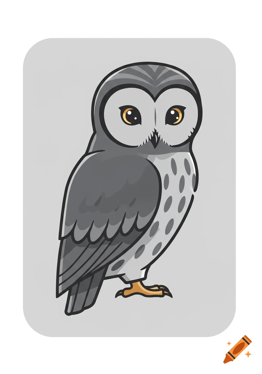 A stylized grey owl with yellow eyes stands facing forward on a light grey background.
