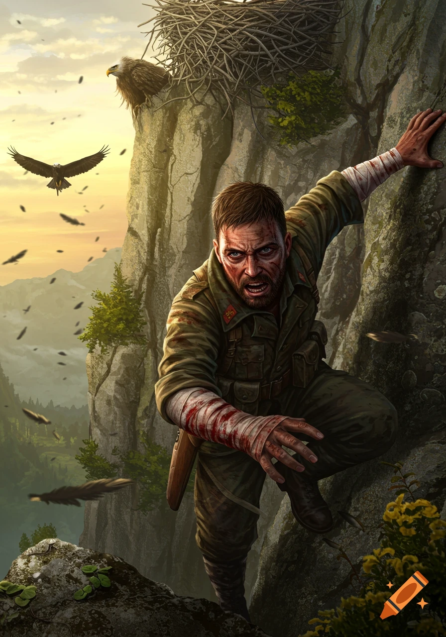 A wounded soldier grimly climbs a steep cliff towards an eagle's nest, as eagles fly against a dramatic sunset.