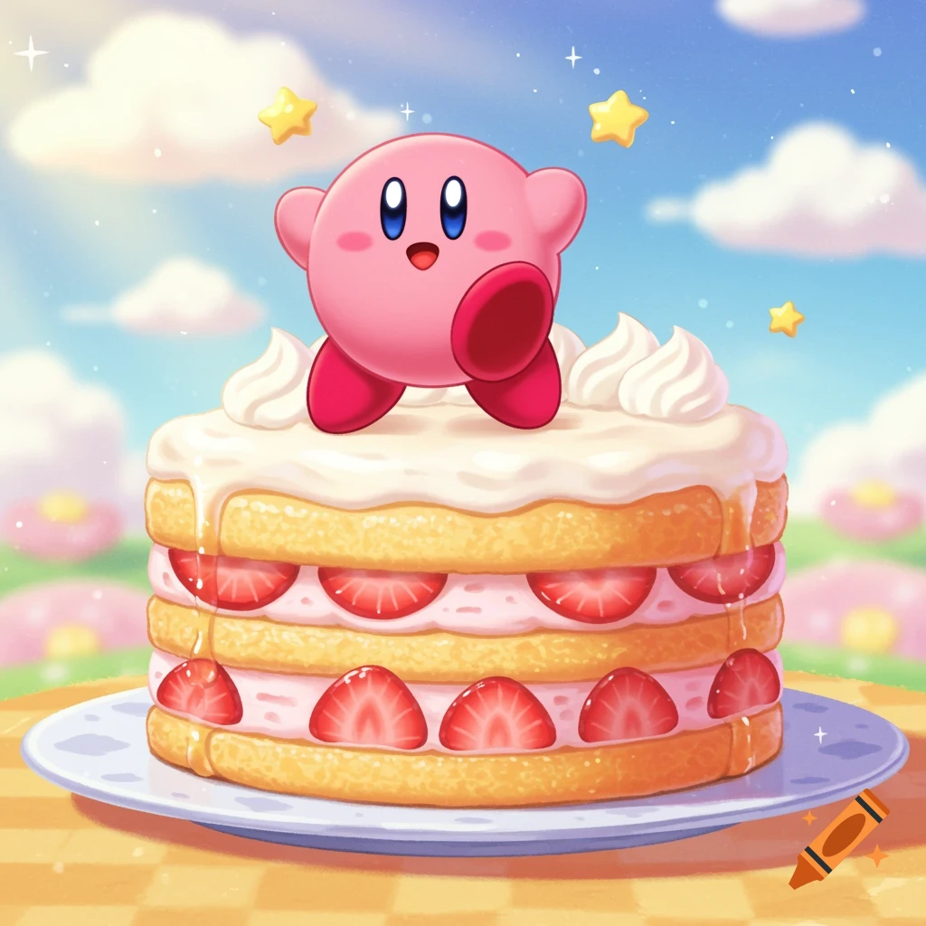 Cute pink Kirby character standing on a delicious strawberry shortcake with whipped cream, against a sky with stars.