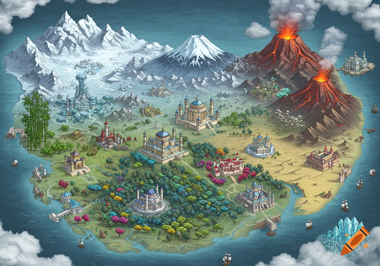 An isometric fantasy map of a diverse island with snowy mountains, a volcano, colorful forests, castles, and ships.