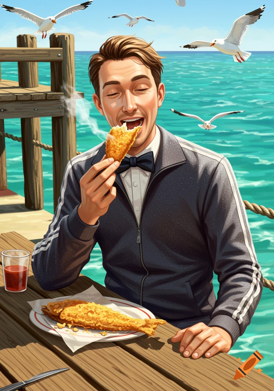 A man in a tracksuit and bow tie happily eats fried food on a wooden pier by the ocean with seagulls flying around.