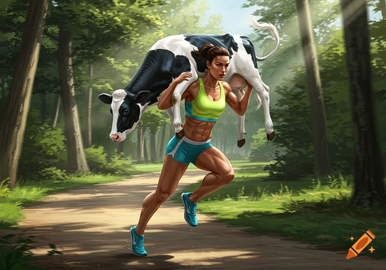 An illustration of a muscular woman in athletic wear running on a forest path, carrying a cow on her shoulders.