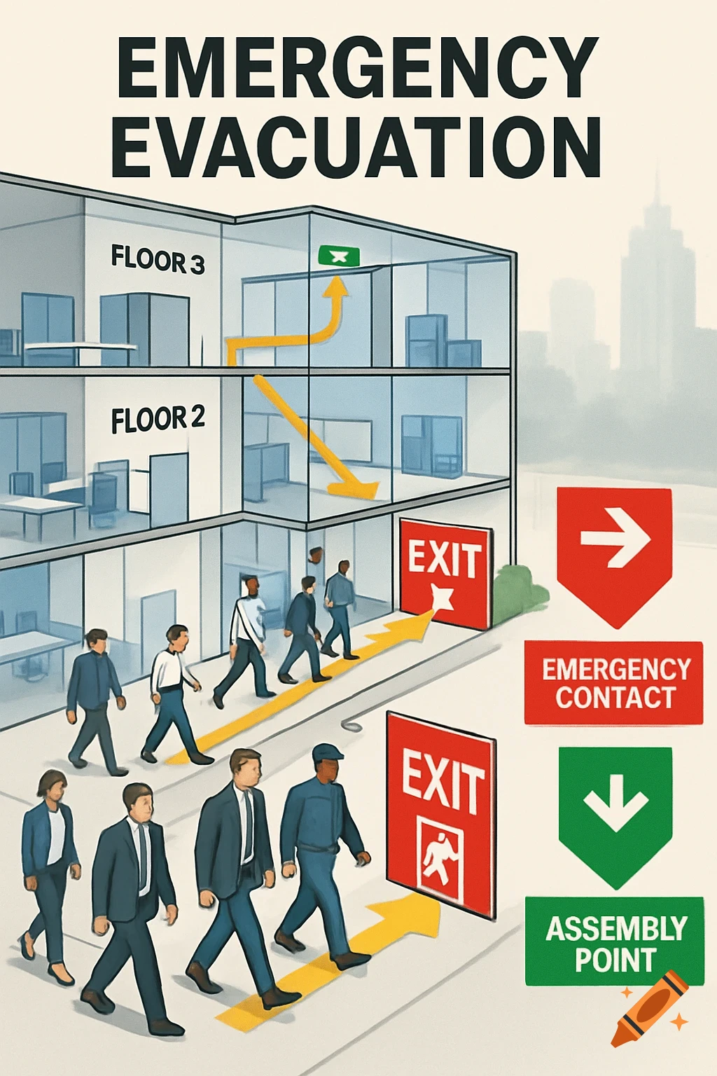 An illustration of an emergency evacuation procedure showing people exiting a multi-story building via yellow arrows towards an outdoor assembly point, with red and green emergency signs.