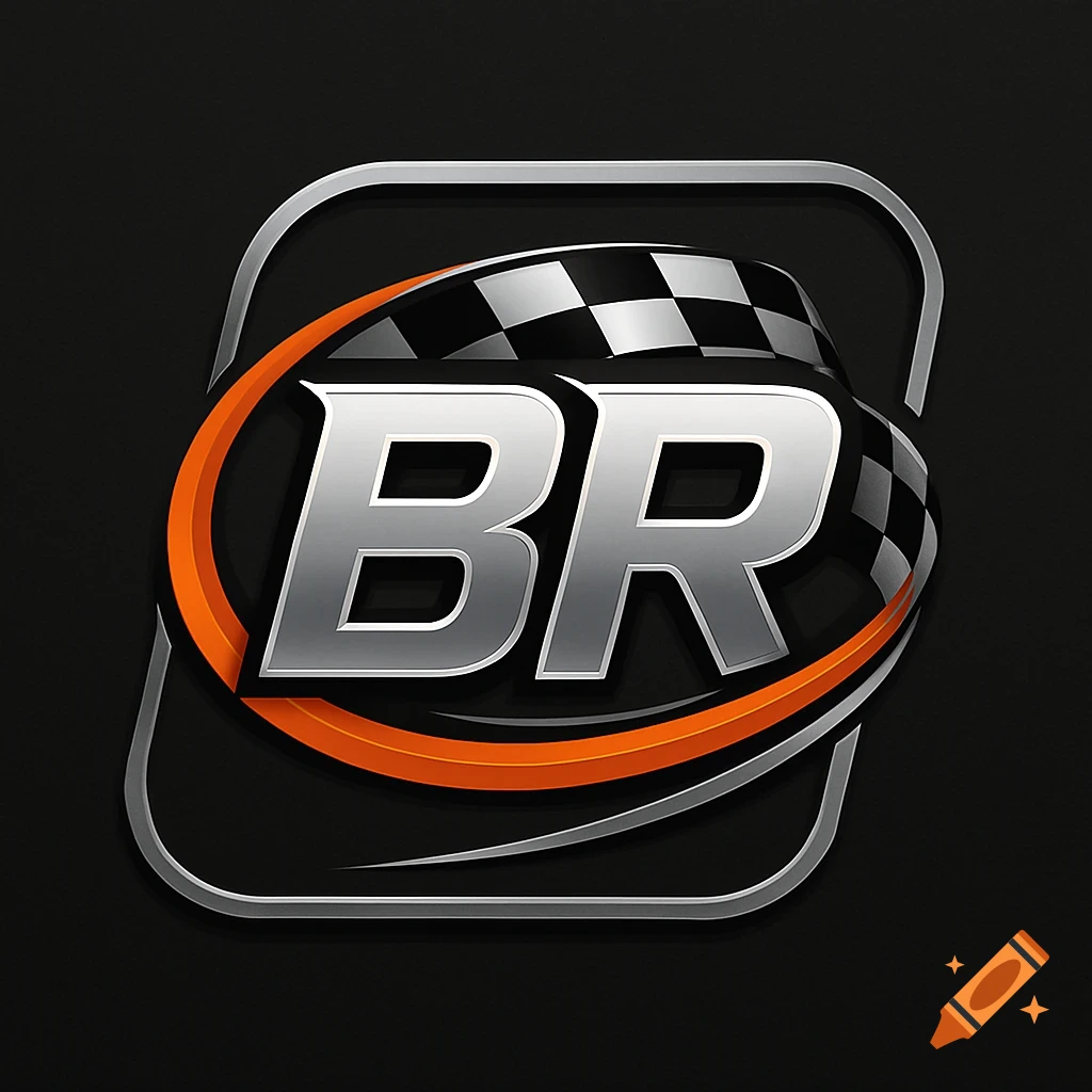 Metallic 3D logo featuring silver letters BR, a checkered flag, and an orange stripe on a black background.