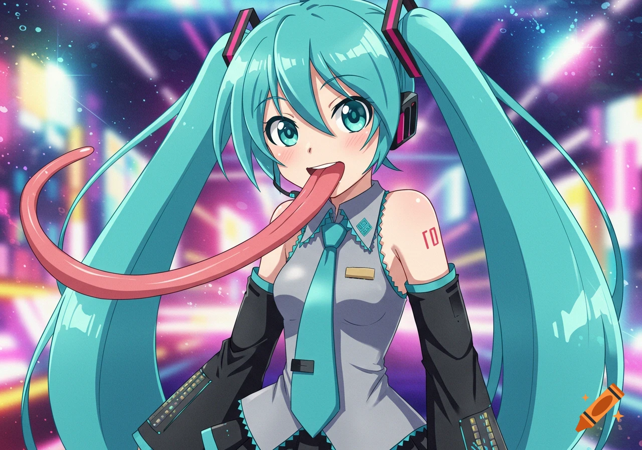 Hatsune Miku with teal pigtails sticks out an extremely long pink tongue, depicted in anime style.