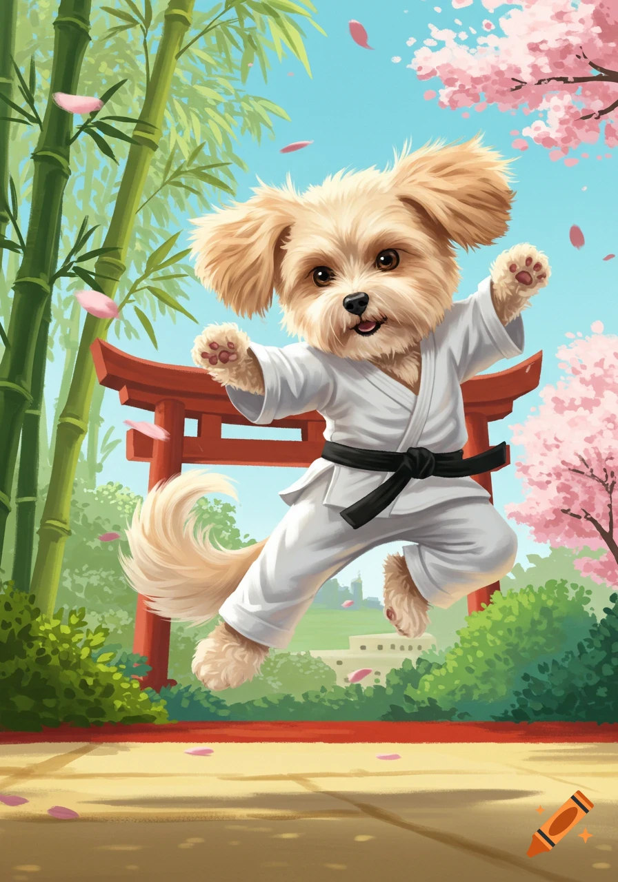 A cute cartoon Havanese dog in a white karate gi with a black belt jumps in front of a red torii gate, bamboo, and cherry blossoms.