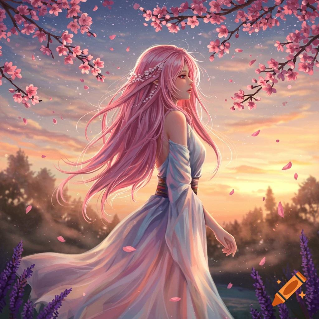 Anime girl with flowing pink hair and dress under blooming cherry blossom branches at sunset.