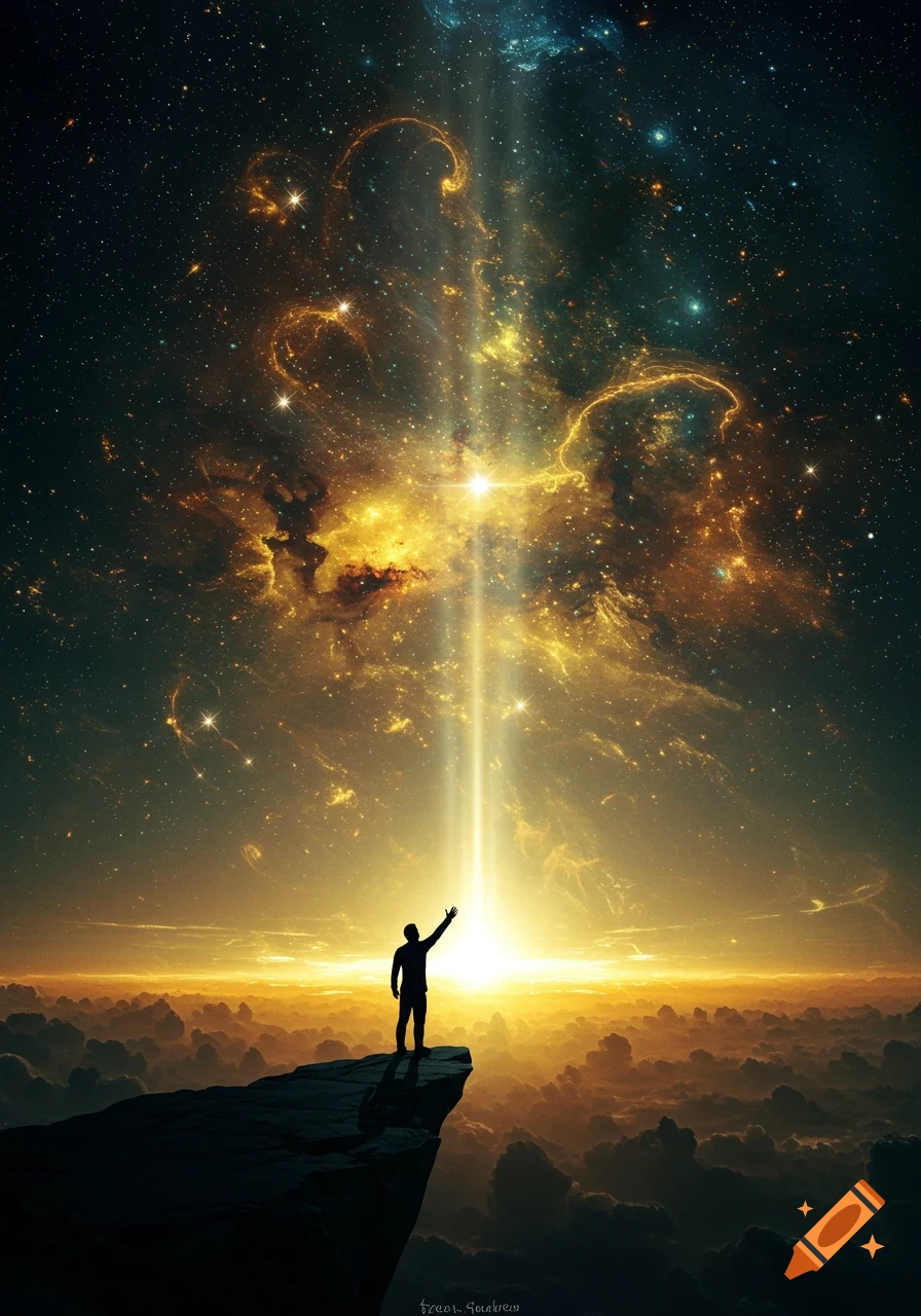 Silhouette of a person on a cliff reaching up towards a bright light beam descending from a golden nebula in a starry night sky above clouds.