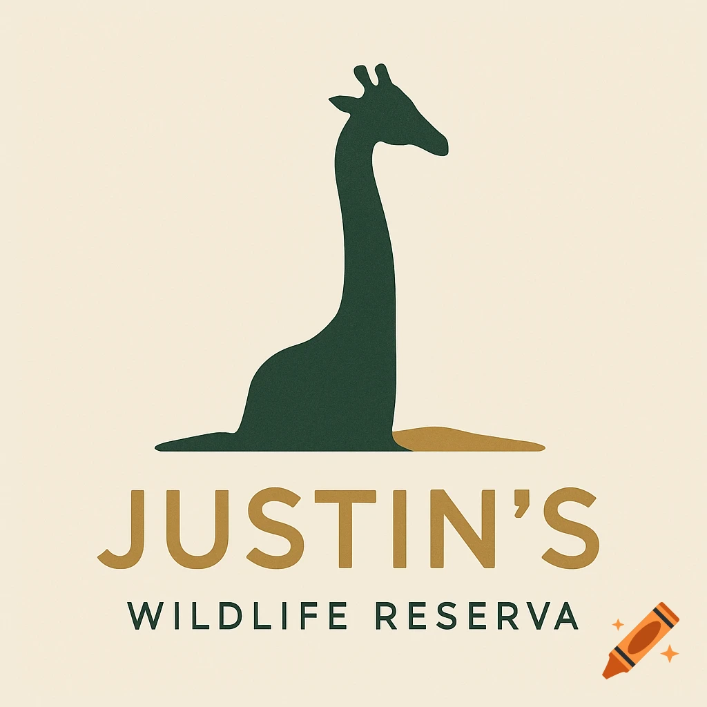 Minimalist logo of a dark green giraffe silhouette sitting on a golden patch, with the text 'JUSTIN'S WILDLIFE RESERVA'.