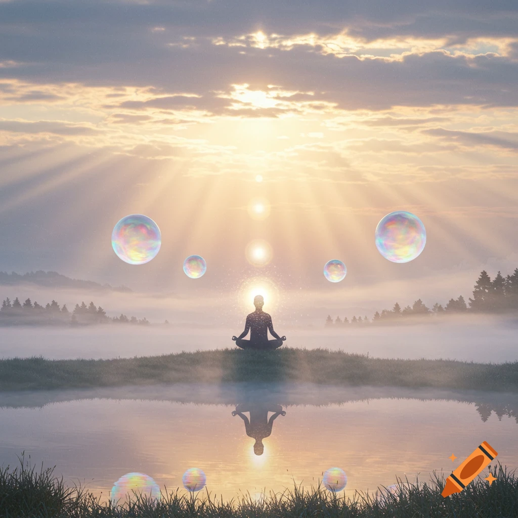Silhouette meditating on a misty island at sunrise with light rays, floating bubbles, and a reflective lake.