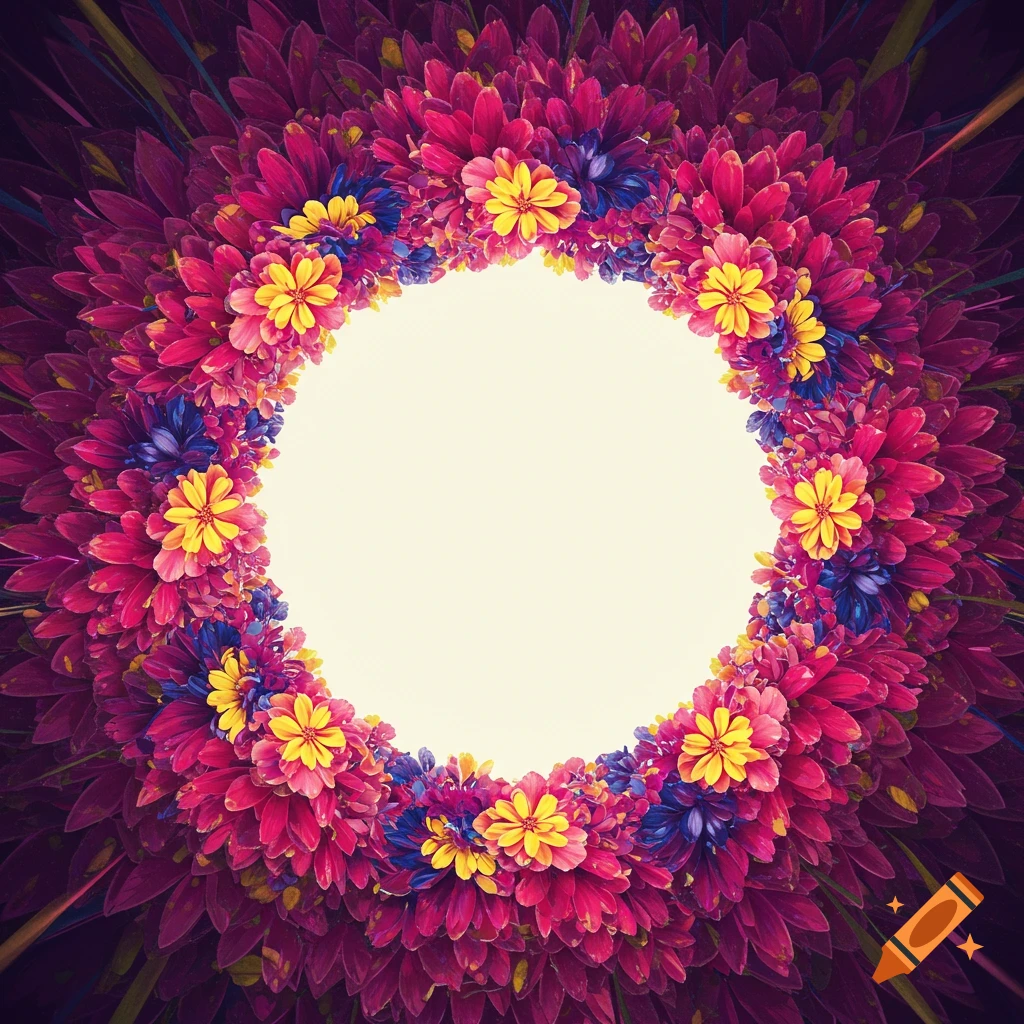 A vibrant circular floral arrangement with an empty white center, featuring pink, yellow, and blue flowers.