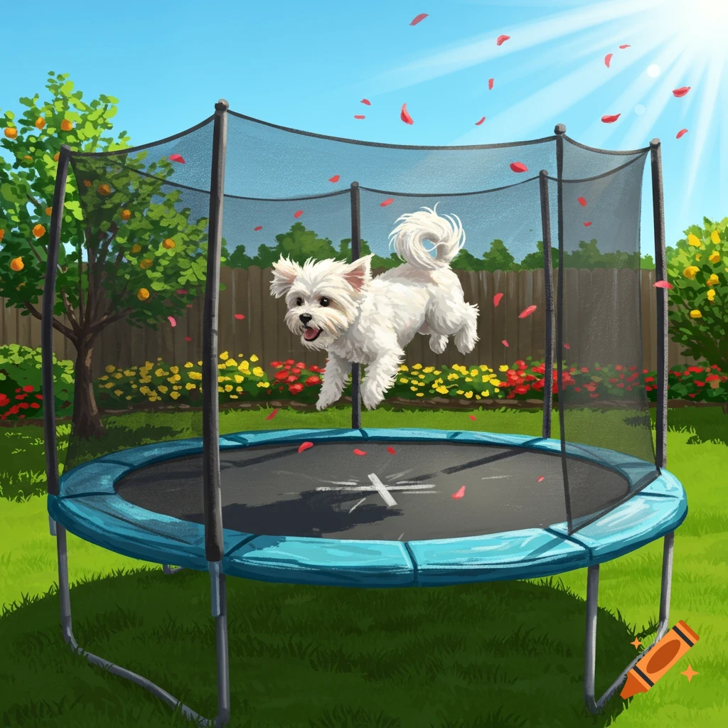 A fluffy white dog jumps high on a blue trampoline in a sunny backyard with red petals falling.