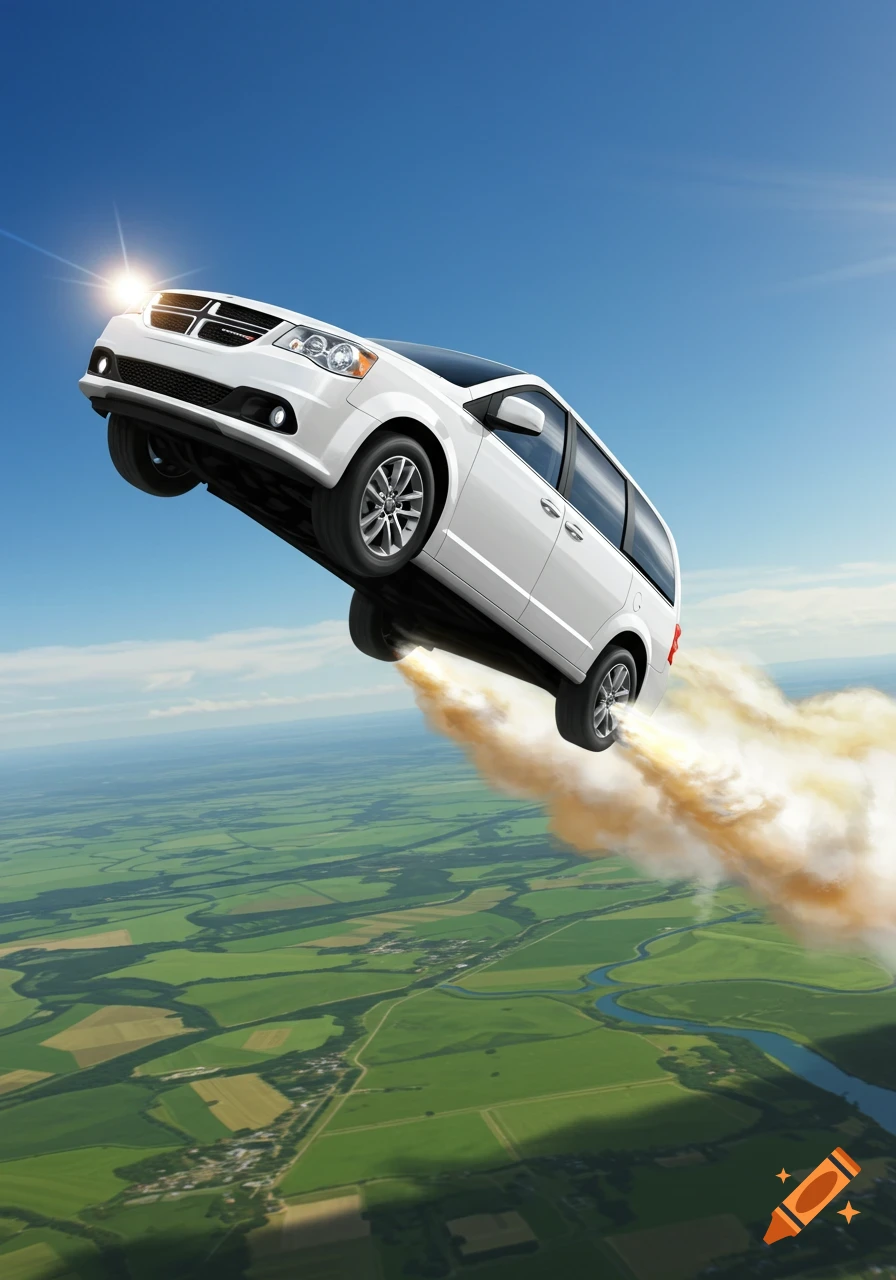 A white Dodge Caravan minivan flies through a clear blue sky, leaving a trail of smoke like a rocket, over green fields and a river.