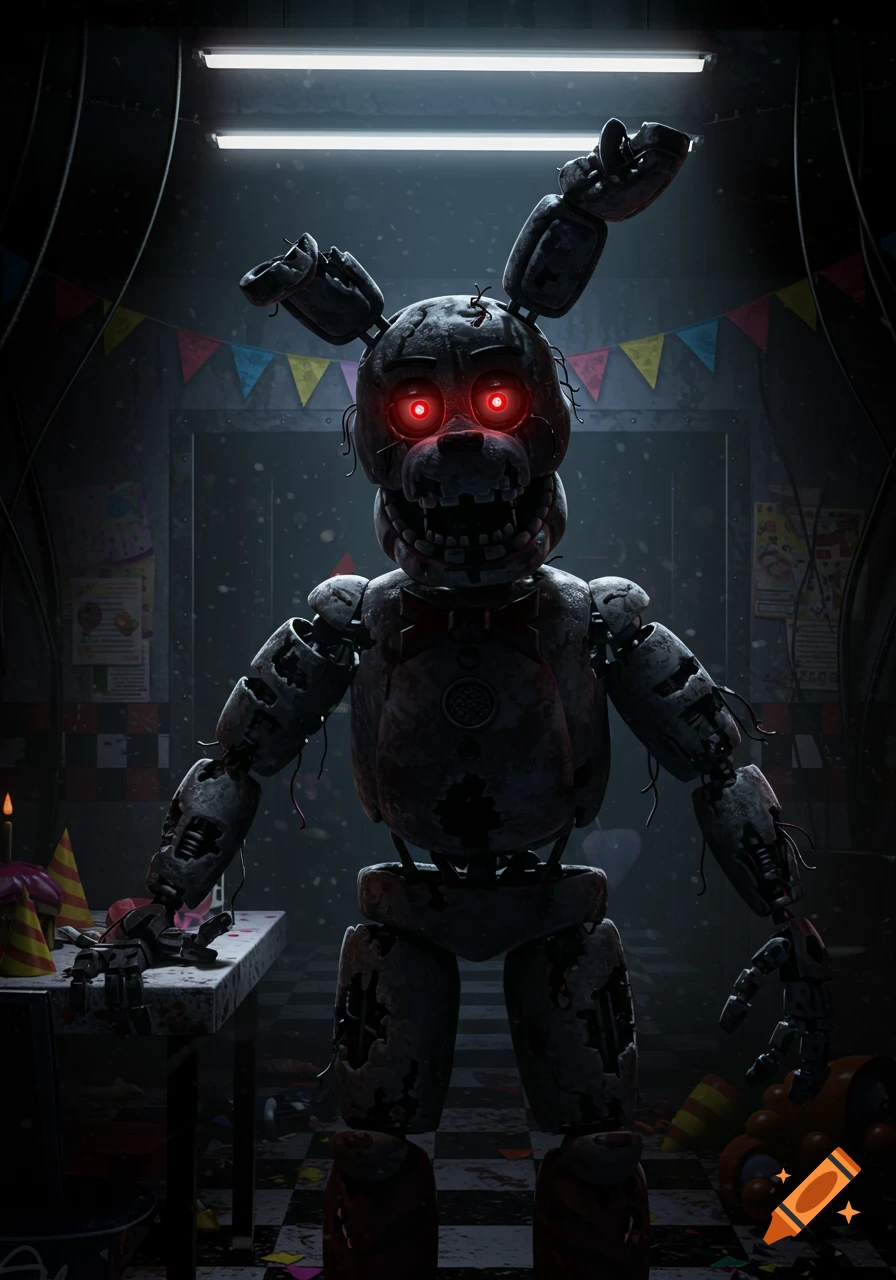 An eerie, dilapidated animatronic rabbit with glowing red eyes stands in a dimly lit, abandoned party room with scattered decorations.
