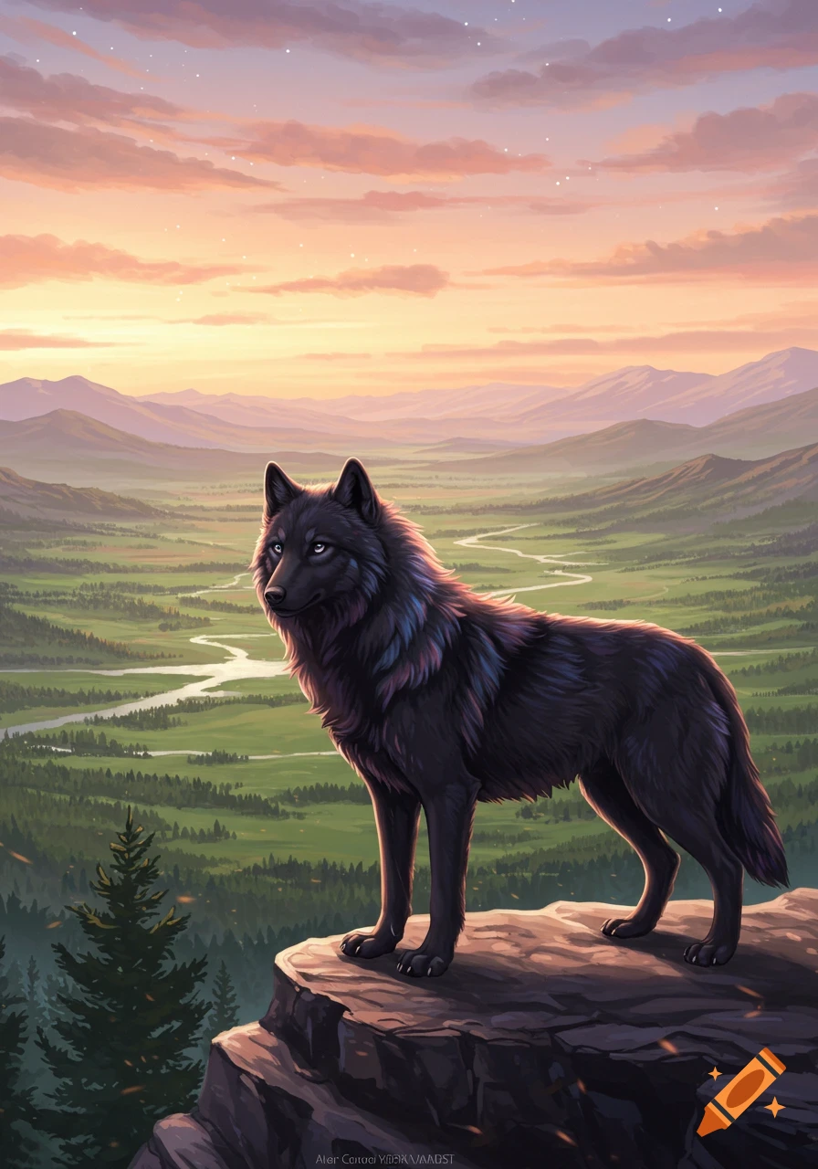 A black wolf stands on a mountain overlooking a scenic valley with a river under a pastel sunset, in an anime-inspired painting.