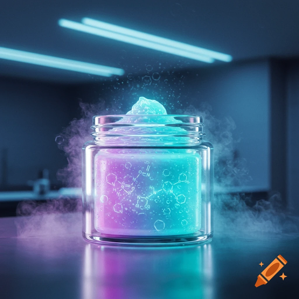 A glowing jar of purple and blue viscous substance with chemical structures inside, emitting vapor, in a futuristic setting.