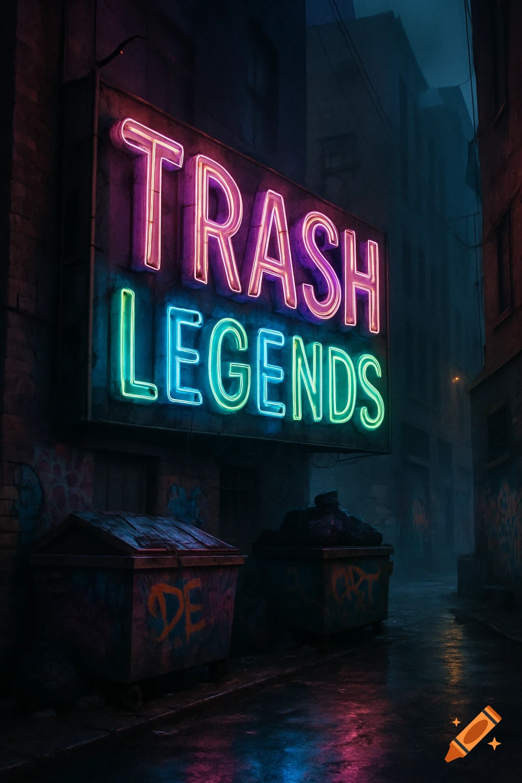 A neon sign reading TRASH LEGENDS hangs over a dark, wet city alley with dumpsters, reflecting colorful light on the ground.