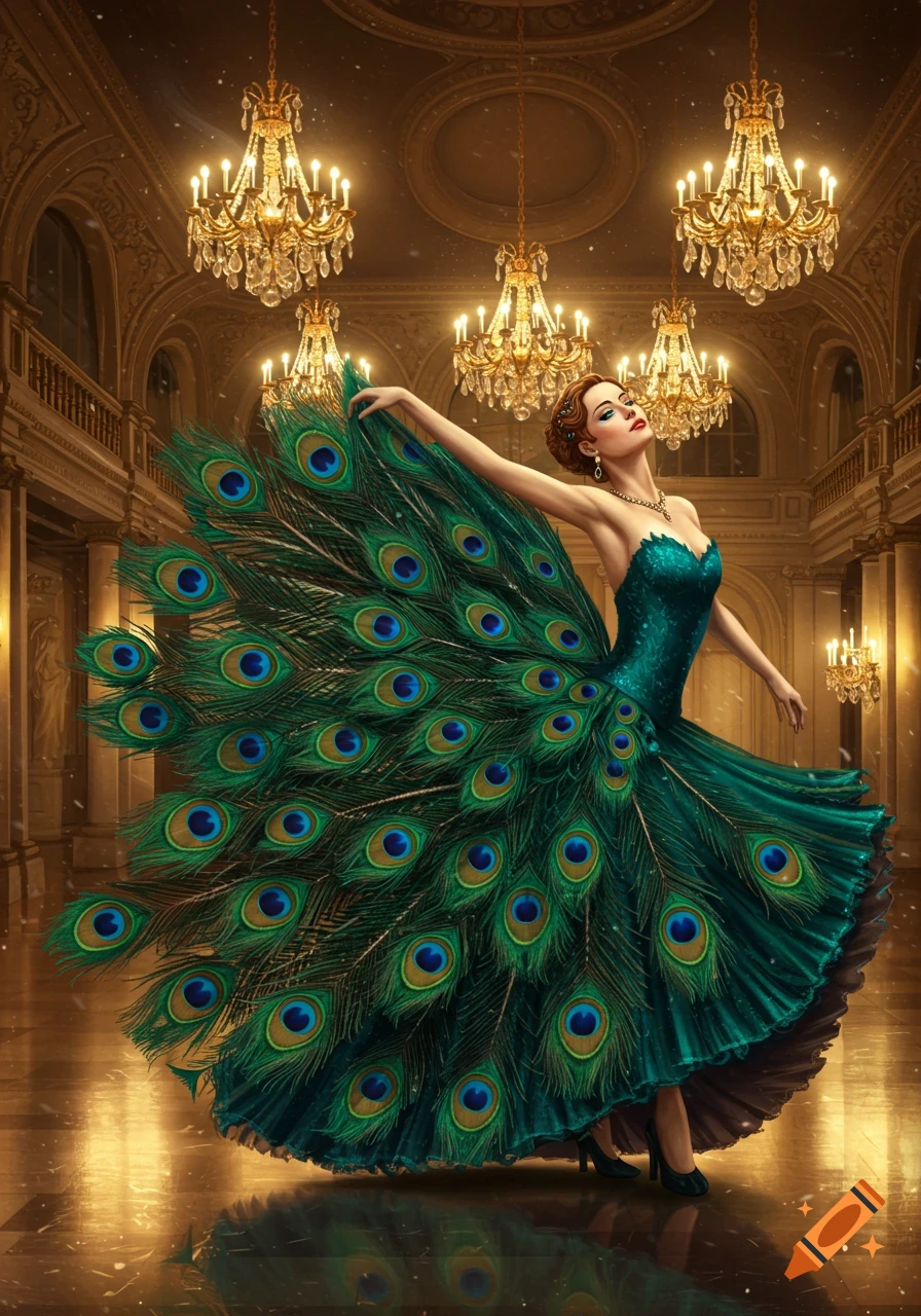 A woman in a beautiful emerald green peacock feather dress dances in a grand ballroom under golden chandeliers.