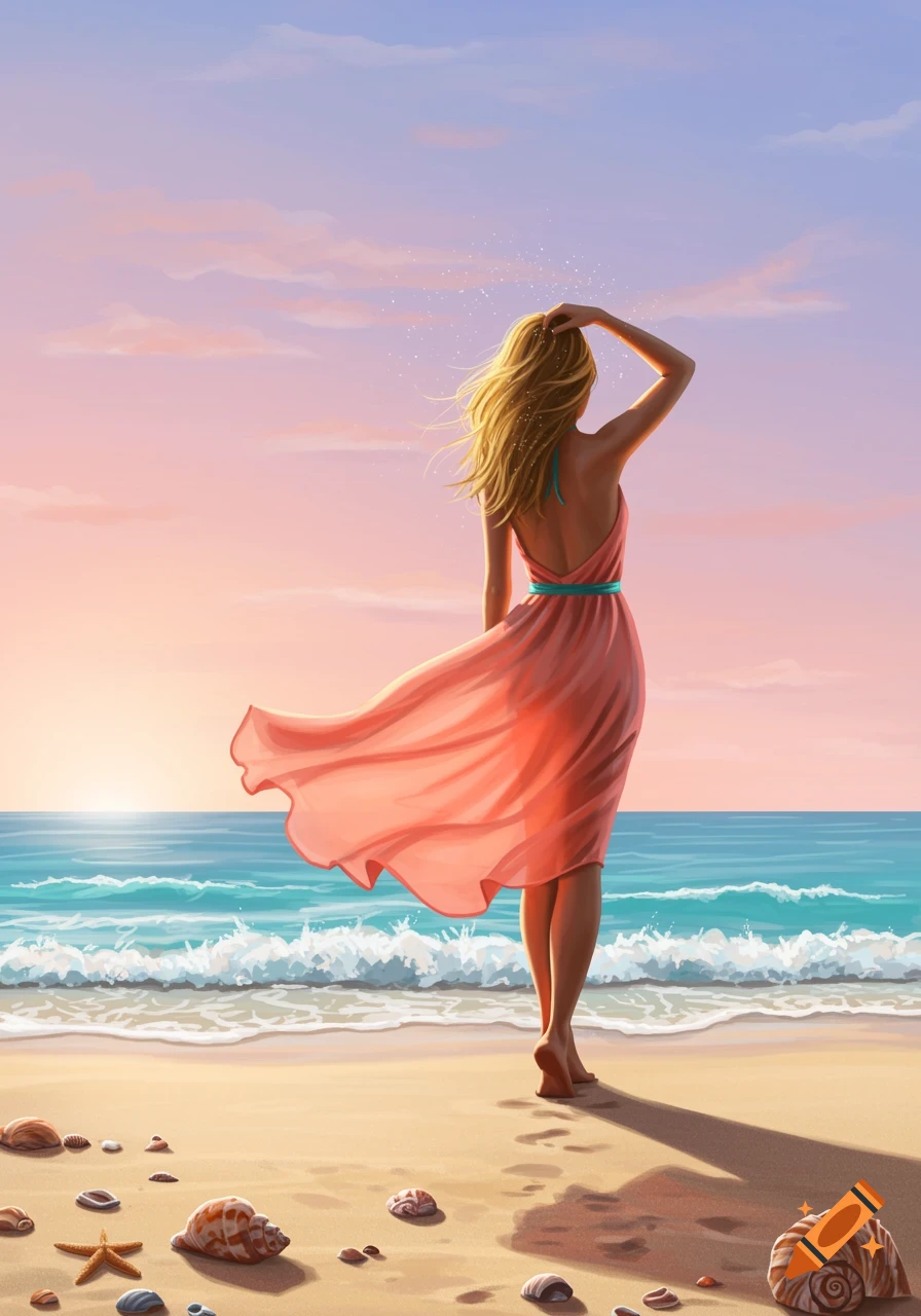 An illustrative scene of a woman in a pink dress standing on a beach, looking out at the ocean during sunset.