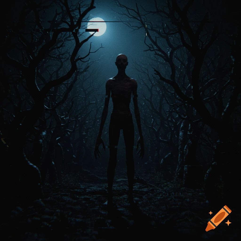 A gaunt, distorted humanoid figure stands in a dark, gnarled forest under a moonlit sky, in an analog horror style with glitches.